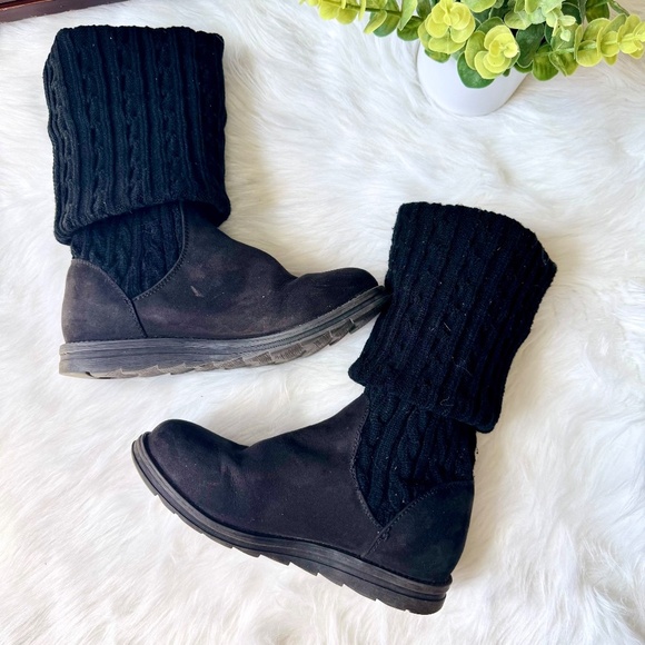 Muk Luks Kelby Black Knit Cuff Faux Suede Cozy Fold-Over Ankle Boots Size 8 - Picture 4 of 11